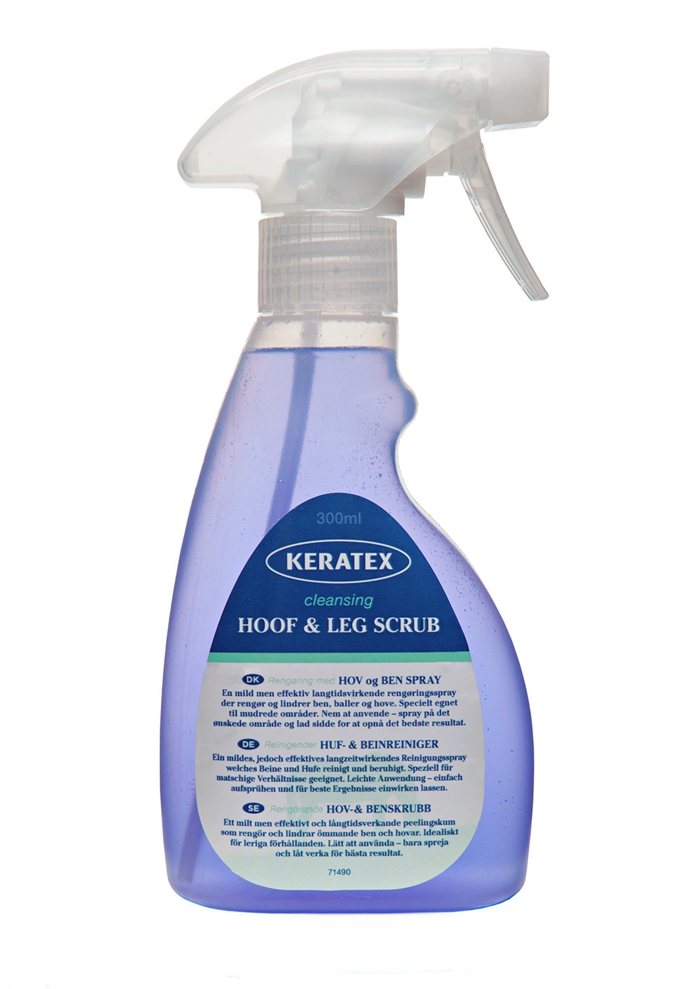 Keratex, hoof og leg scrub 300 ml. Hov og ben spray er effektiv ved brug mod mudrede forhold.